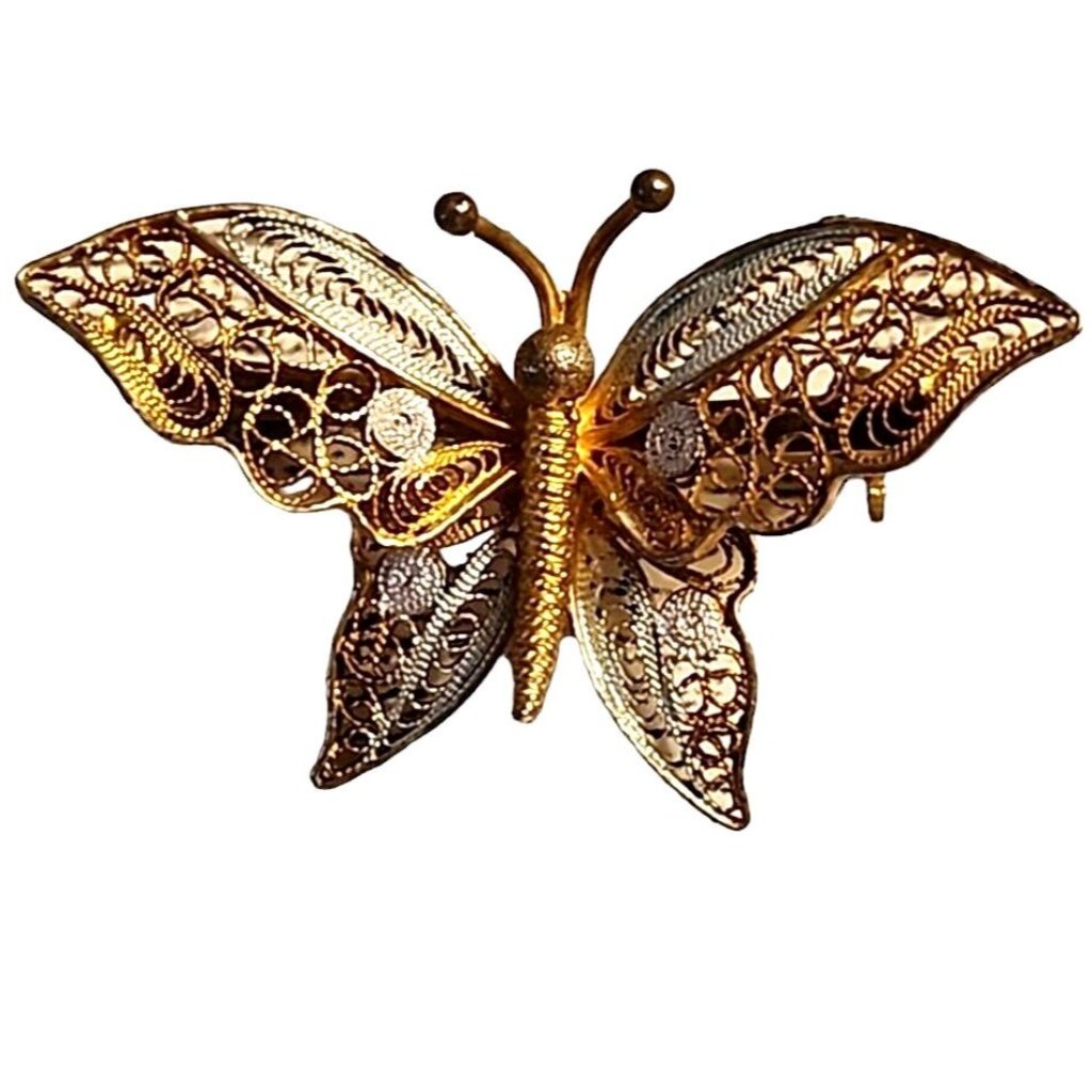 Filigree Butterfly Pin Brooch Delicate Silver And Gold Toned Vintage